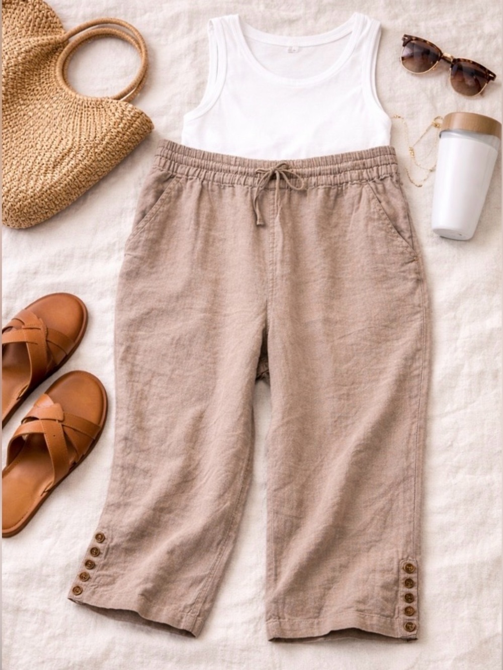 Cropped Linen Pants Womens Sz XL Tan Beige Pull On Elastic Drawstring Summer